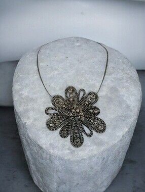 Vintage Chico's Gunmetal Tone Smoky Rhinestone Flower Pendant Multi Wire.